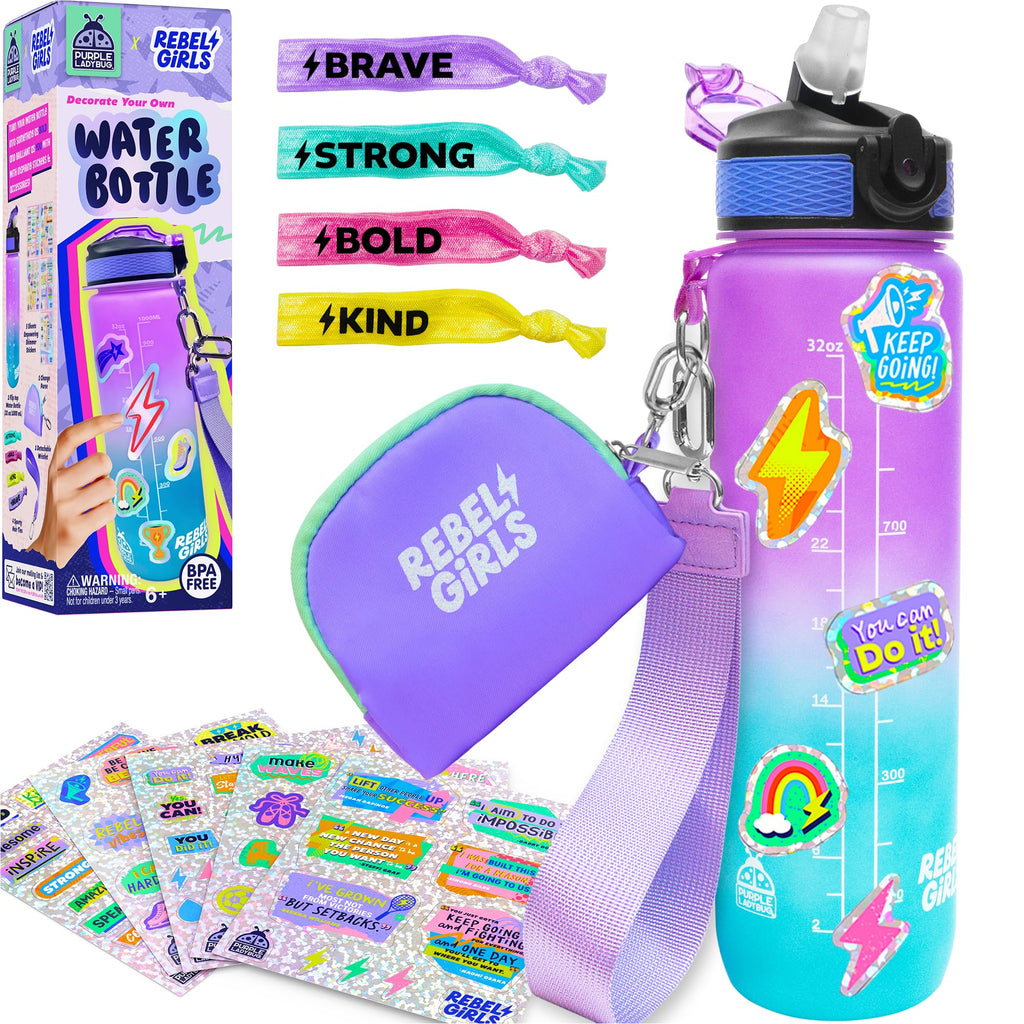 Rebel Girls Decorate Your Own Water Bottle Kit - 32oz BPA-Free Sports Bottle with Motivational Stickers, Hair Ties & More - Creative Gift for Girls Ages 6+