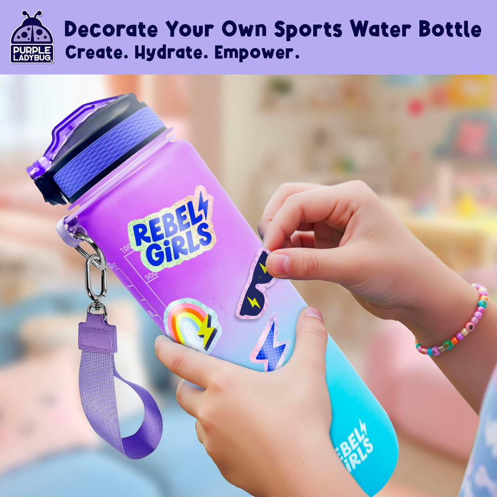 Rebel Girls Decorate Your Own Water Bottle Kit - 32oz BPA-Free Sports Bottle with Motivational Stickers, Hair Ties & More - Creative Gift for Girls Ages 6+