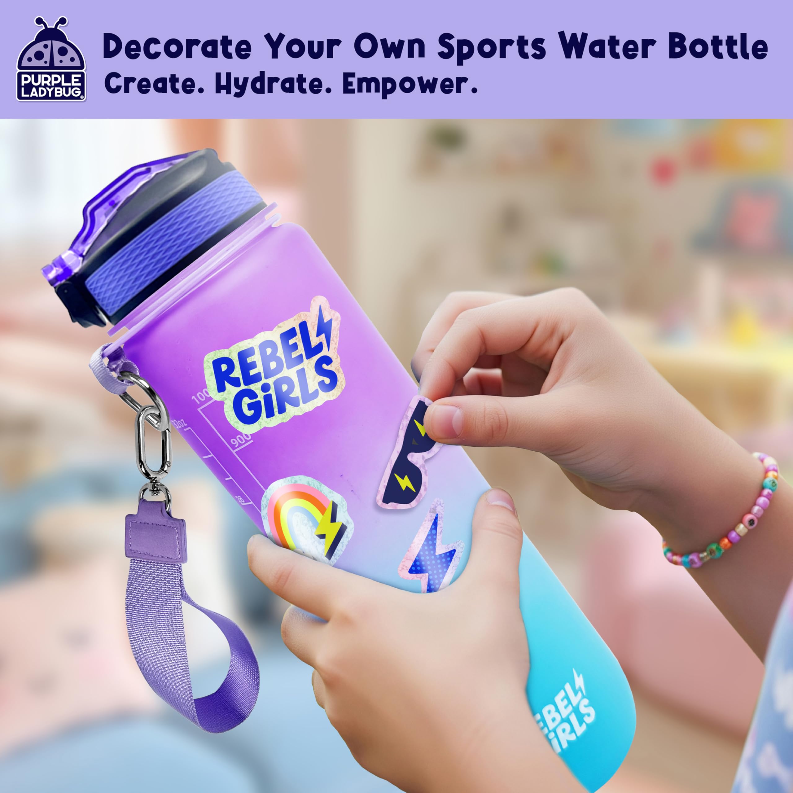 Rebel Girls Decorate Your Own Water Bottle Kit - 32oz BPA-Free Sports Bottle with Motivational Stickers, Hair Ties & More - Creative Gift for Girls Ages 6+