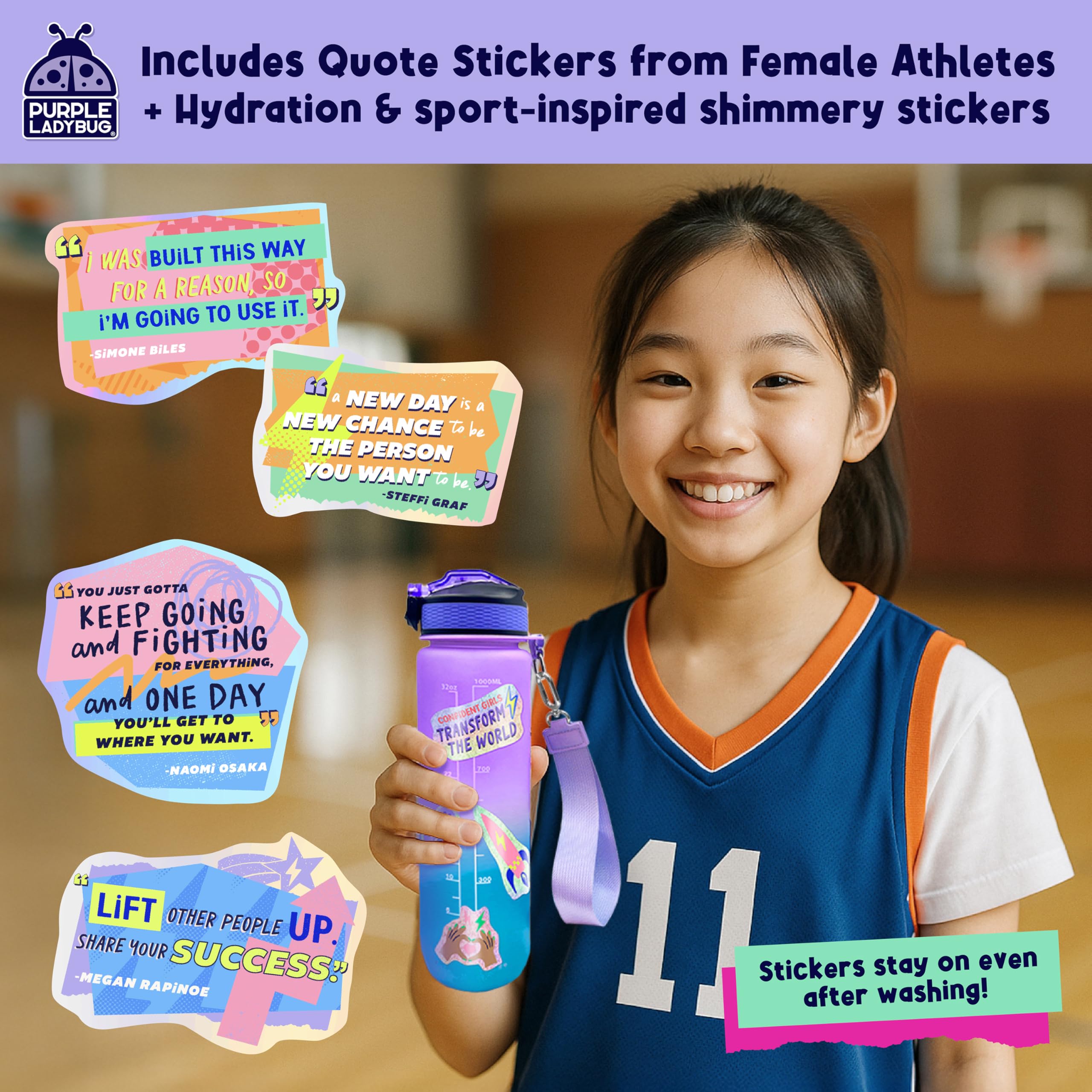 Rebel Girls Decorate Your Own Water Bottle Kit - 32oz BPA-Free Sports Bottle with Motivational Stickers, Hair Ties & More - Creative Gift for Girls Ages 6+