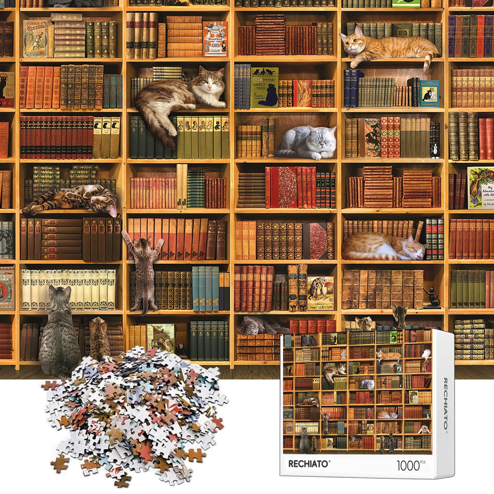 RECHIATO 1000-Piece Cat Library Jigsaw Puzzle – Funny Kitten Bookshelf Scene for Adults and Teens