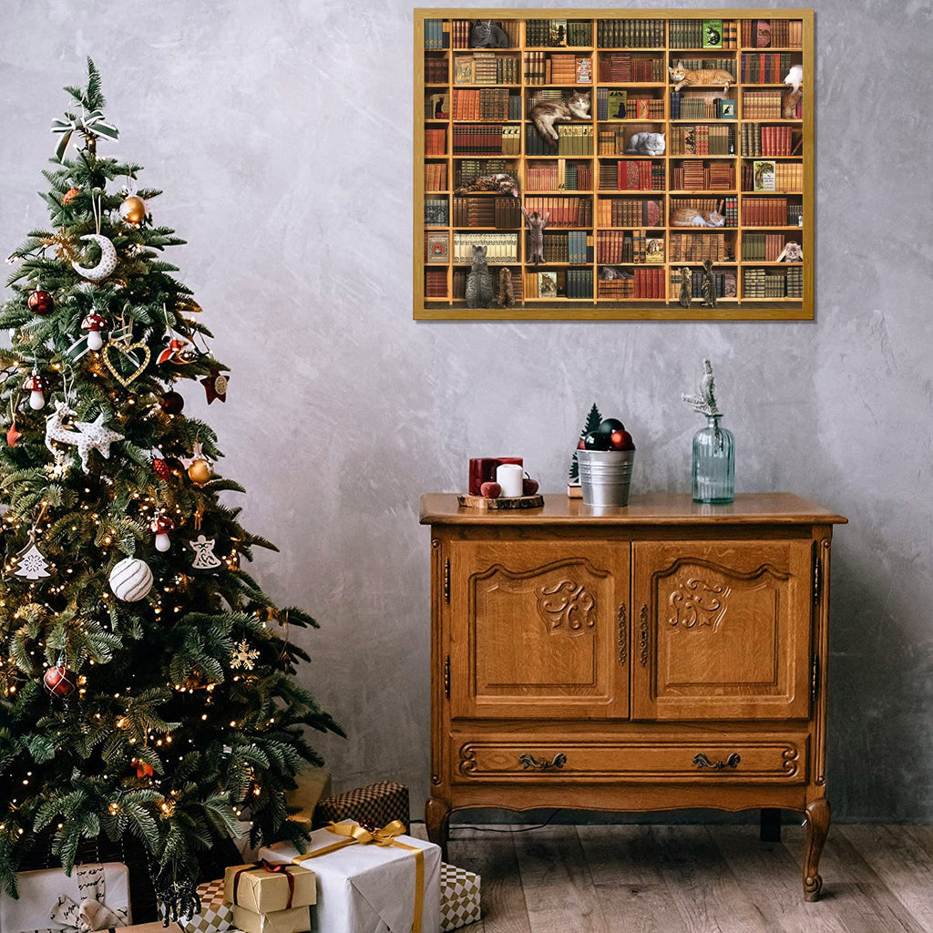RECHIATO 1000-Piece Cat Library Jigsaw Puzzle – Funny Kitten Bookshelf Scene for Adults and Teens