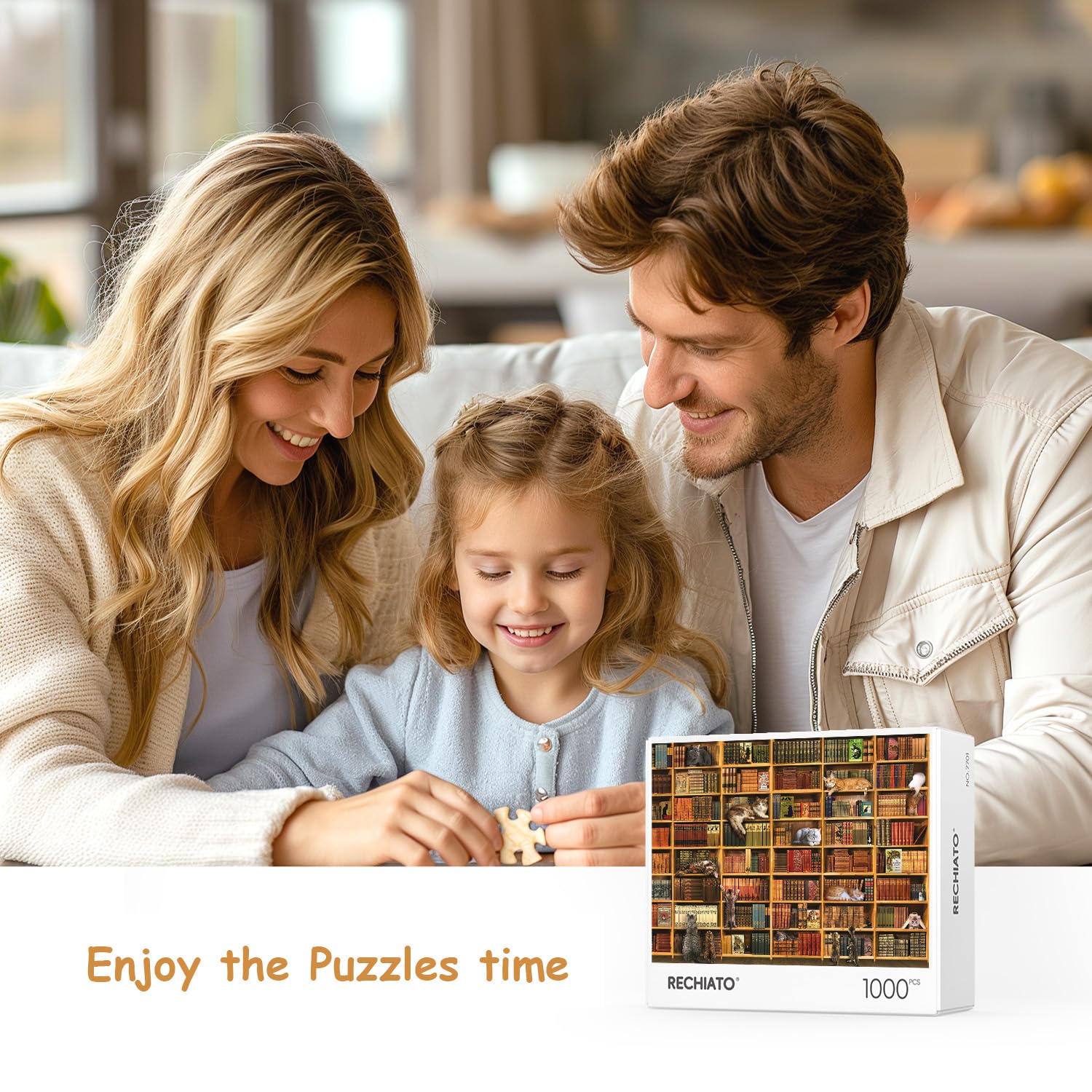 RECHIATO 1000-Piece Cat Library Jigsaw Puzzle – Funny Kitten Bookshelf Scene for Adults and Teens
