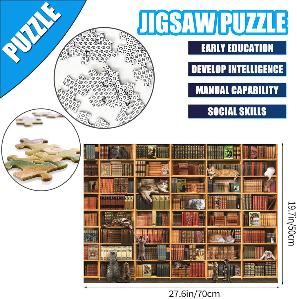 RECHIATO 1000-Piece Cat Library Jigsaw Puzzle – Funny Kitten Bookshelf Scene for Adults and Teens