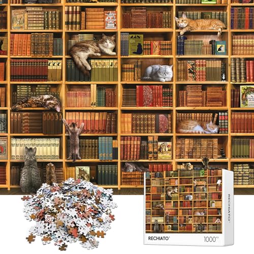 RECHIATO 1000-Piece Cat Library Jigsaw Puzzle – Funny Kitten Bookshelf Scene for Adults and Teens