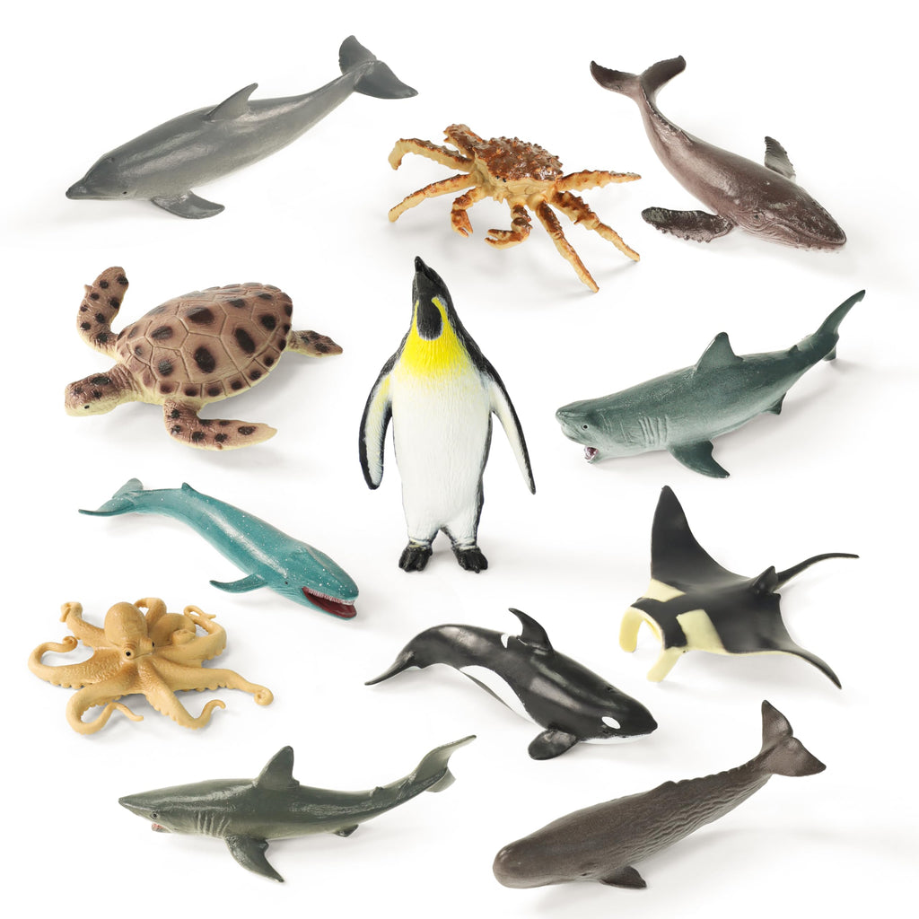 RECUR 12-Piece Hand-Painted Shark Figurines Set - Hammerhead, Whale Shark, Great White for Cake Toppers, Bath Toys, Educational Play