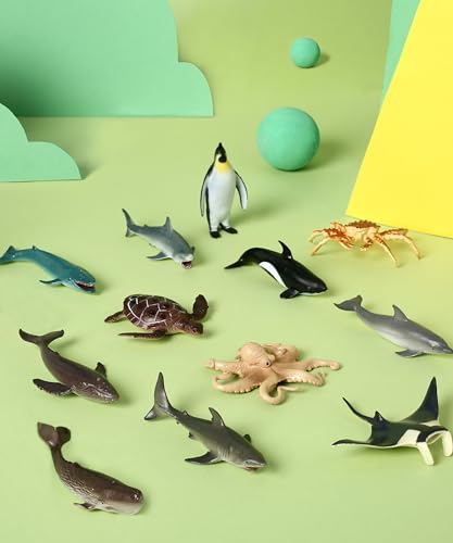 RECUR 12-Piece Hand-Painted Shark Figurines Set - Hammerhead, Whale Shark, Great White for Cake Toppers, Bath Toys, Educational Play