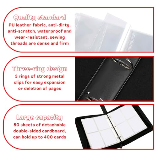 Red 4-Pocket Card Binder with Zipper – Holds 400 Cards, PU Leather, Removable Pages