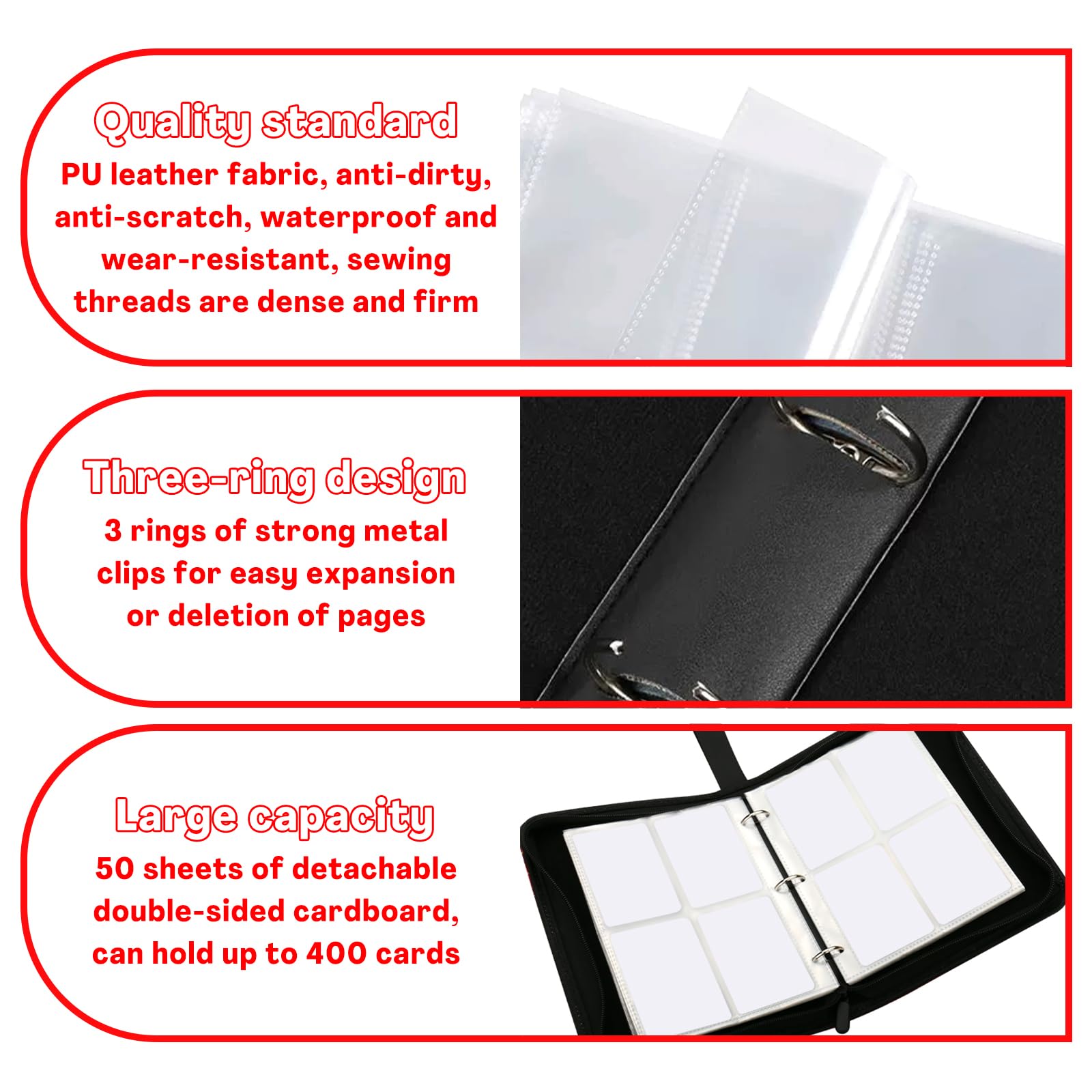 Red 4-Pocket Card Binder with Zipper – Holds 400 Cards, PU Leather, Removable Pages