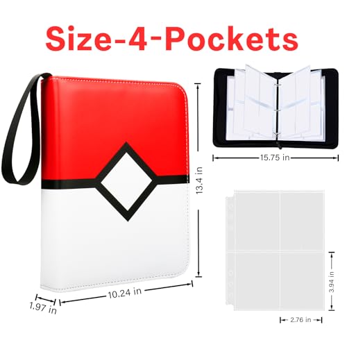 Red 4-Pocket Card Binder with Zipper – Holds 400 Cards, PU Leather, Removable Pages