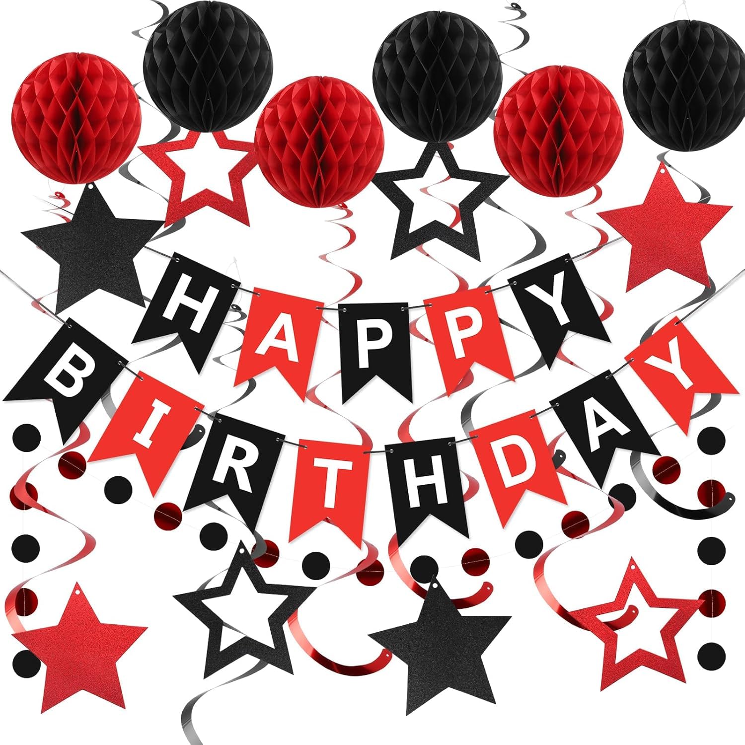 Red and Black Birthday Party Decorations Kit - Banner, Honeycomb Balls, Star Streamers, and Circle Dots Garland by meowtastic