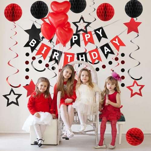 Red and Black Birthday Party Decorations Kit - Banner, Honeycomb Balls, Star Streamers, and Circle Dots Garland by meowtastic