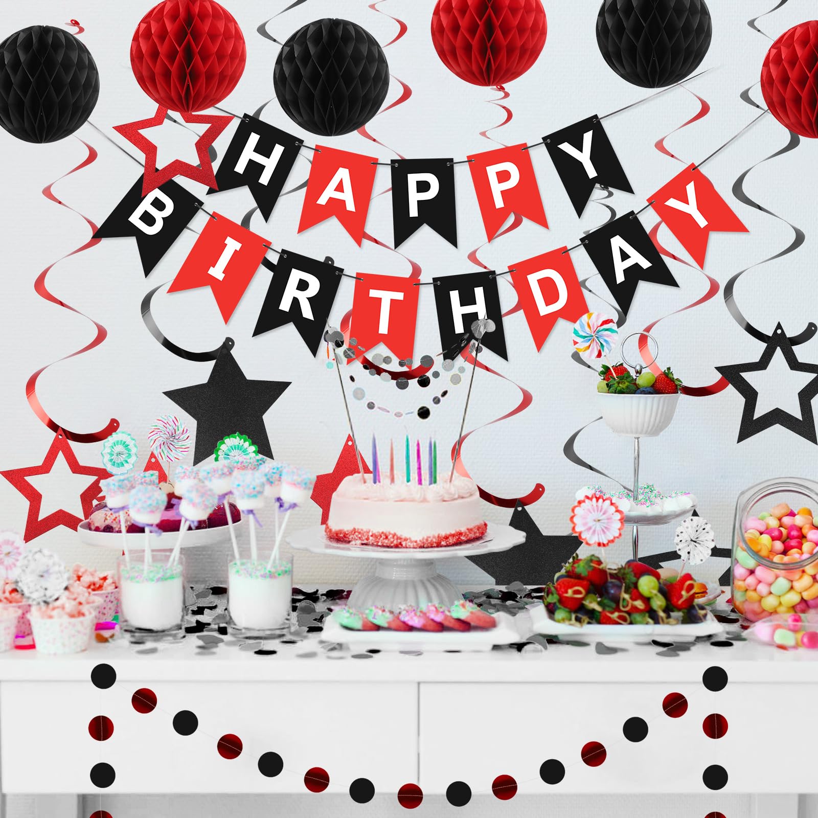 Red and Black Birthday Party Decorations Kit - Banner, Honeycomb Balls, Star Streamers, and Circle Dots Garland by meowtastic