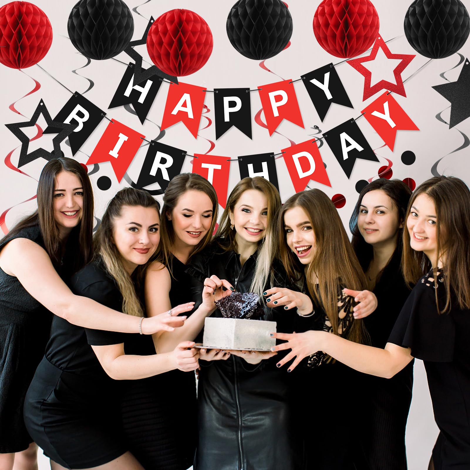 Red and Black Birthday Party Decorations Kit - Banner, Honeycomb Balls, Star Streamers, and Circle Dots Garland by meowtastic
