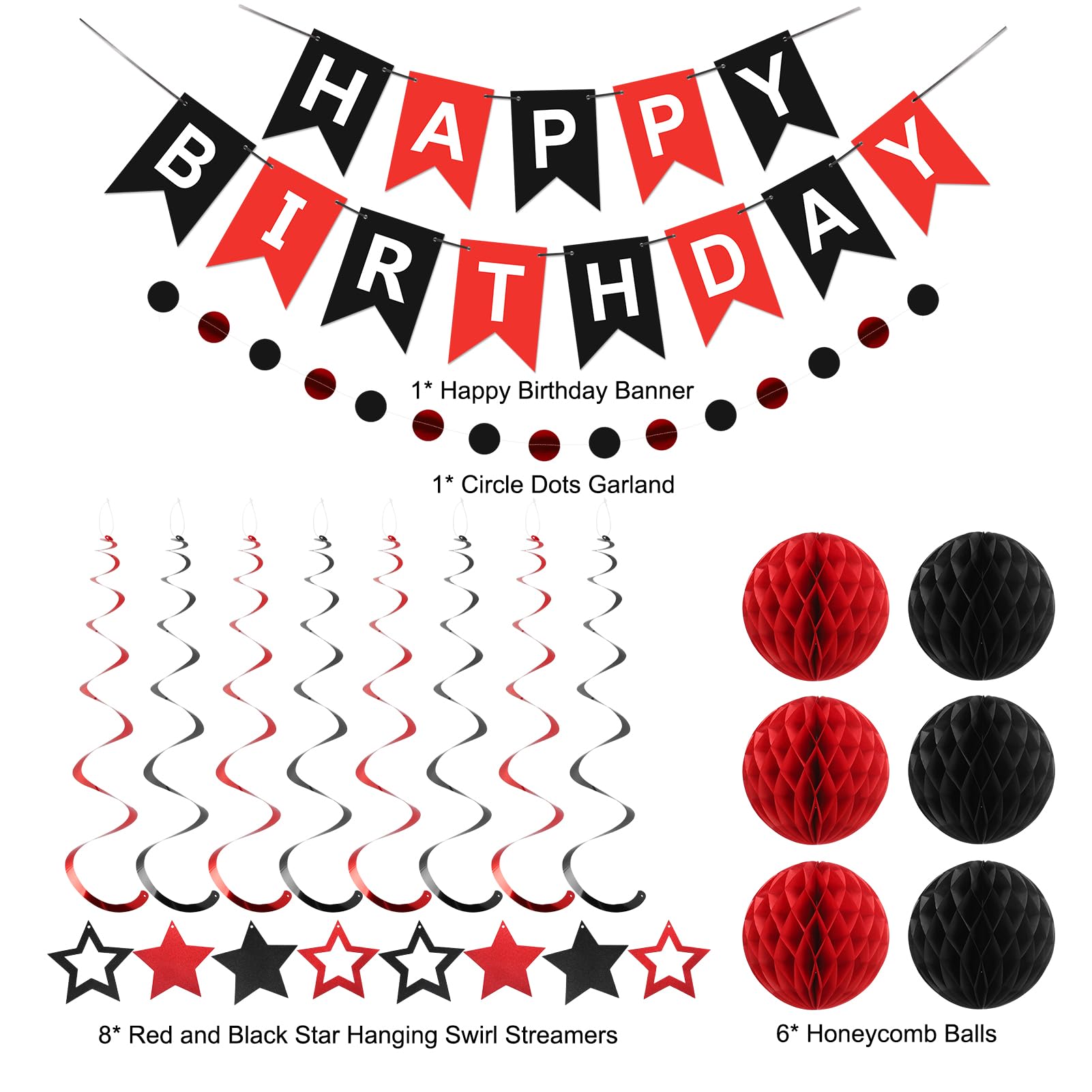 Red and Black Birthday Party Decorations Kit - Banner, Honeycomb Balls, Star Streamers, and Circle Dots Garland by meowtastic