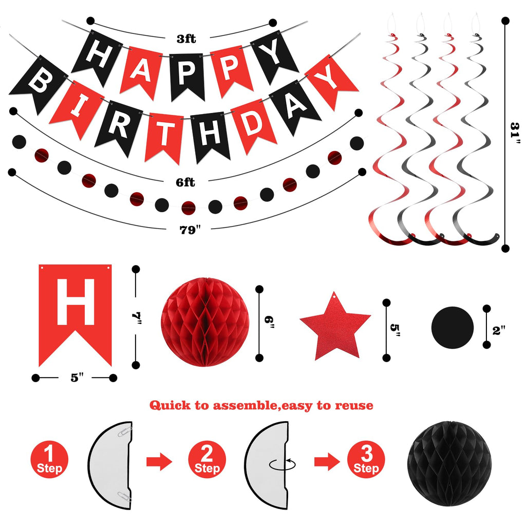 Red and Black Birthday Party Decorations Kit - Banner, Honeycomb Balls, Star Streamers, and Circle Dots Garland by meowtastic