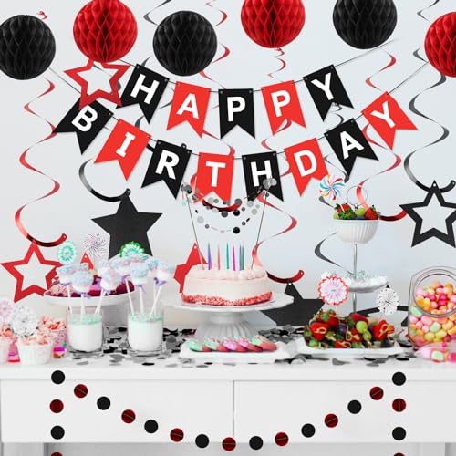 Red and Black Birthday Party Decorations Kit - Banner, Honeycomb Balls, Star Streamers, and Circle Dots Garland by meowtastic