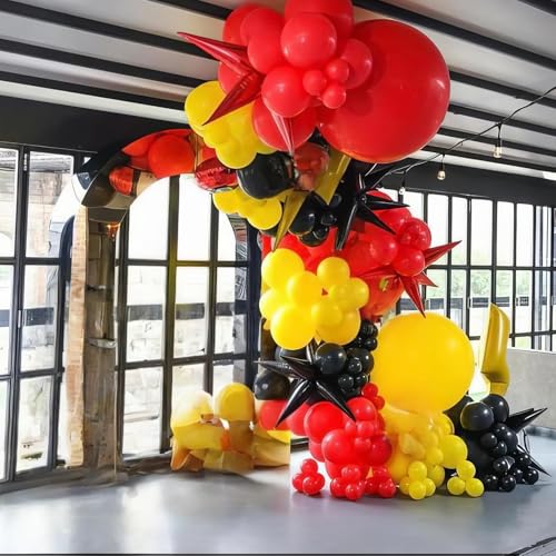 Red, Black, and Yellow Balloon Arch Garland Kit for Cartoon Birthday Parties – 110 Piece Set with Foil Stars and Lightning Bolt