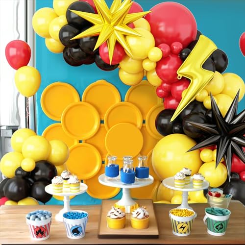 Red, Black, and Yellow Balloon Arch Garland Kit for Cartoon Birthday Parties – 110 Piece Set with Foil Stars and Lightning Bolt