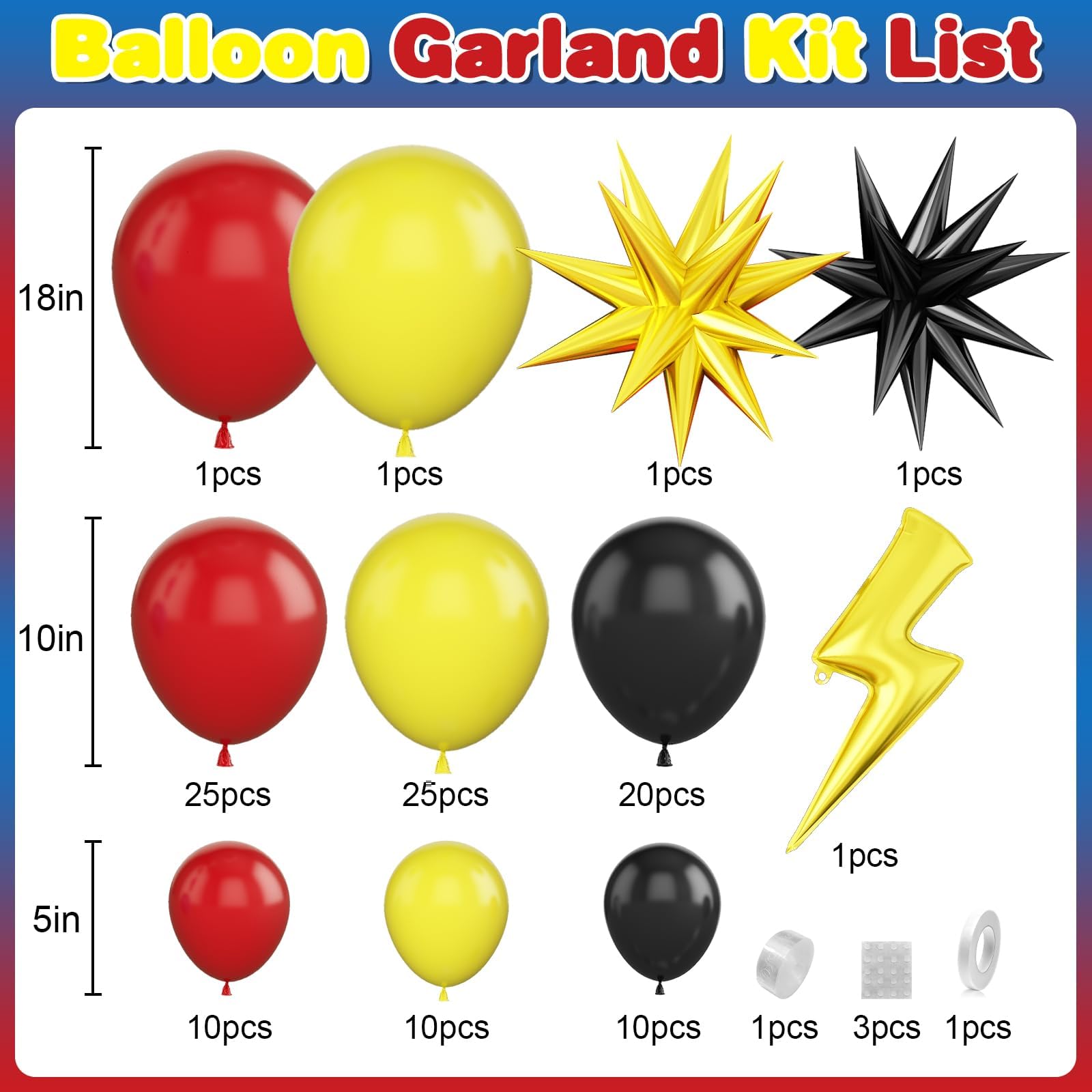 Red, Black, and Yellow Balloon Arch Garland Kit for Cartoon Birthday Parties – 110 Piece Set with Foil Stars and Lightning Bolt