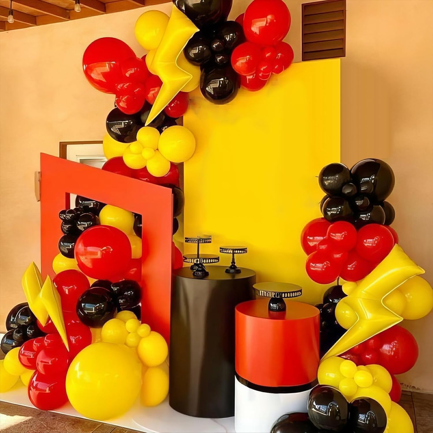 Red, Black, and Yellow Balloon Arch Garland Kit for Cartoon Birthday Parties – 110 Piece Set with Foil Stars and Lightning Bolt