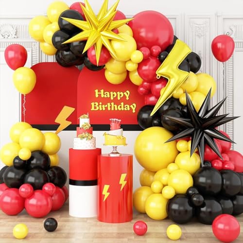 Red, Black, and Yellow Balloon Arch Garland Kit for Cartoon Birthday Parties – 110 Piece Set with Foil Stars and Lightning Bolt