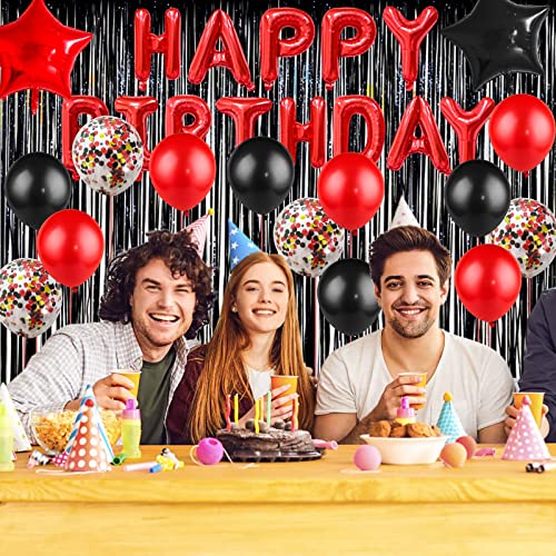 Red Black Birthday Party Decoration Kit - Banner, Curtain & Latex Balloons by LZVPL
