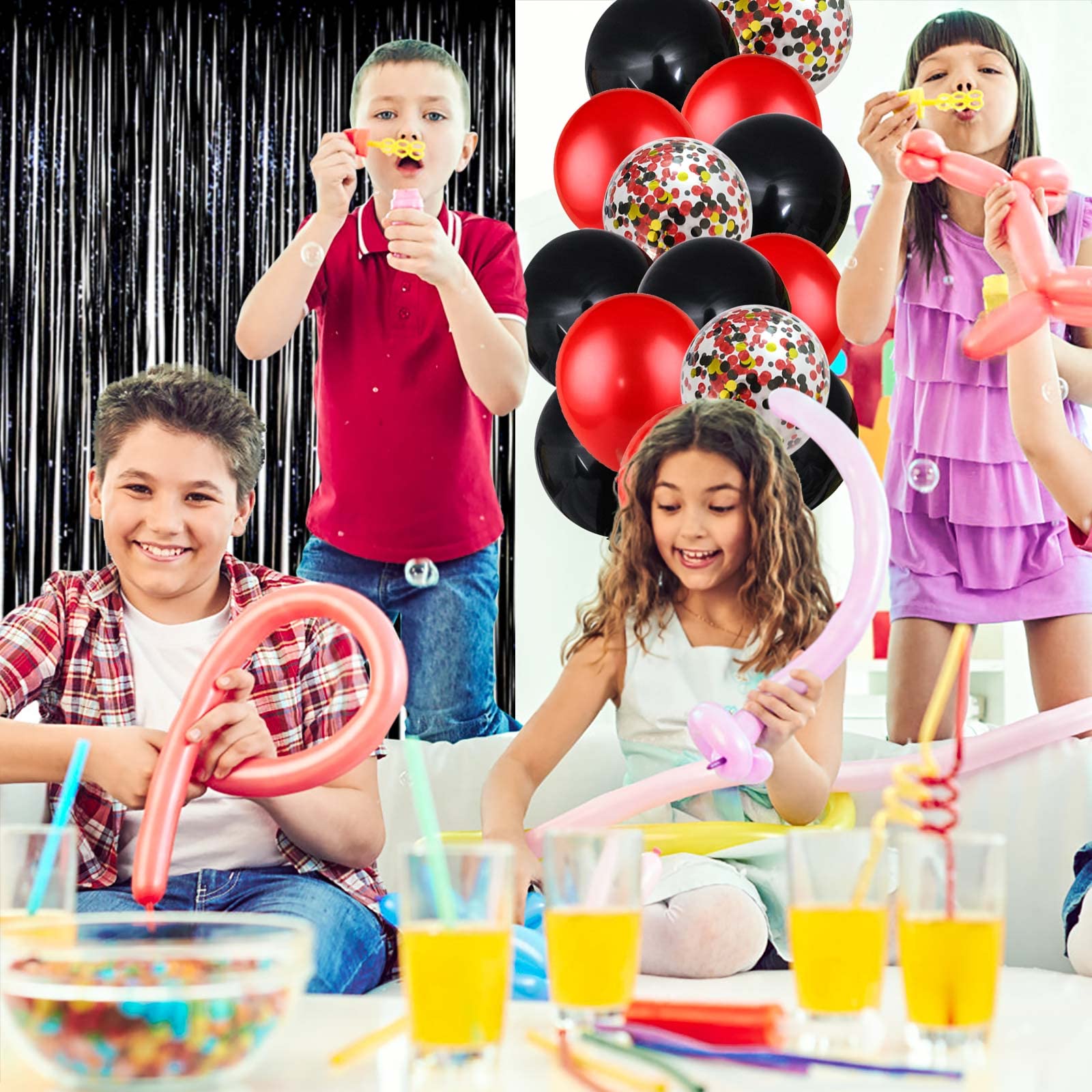 Red Black Birthday Party Decoration Kit - Banner, Curtain & Latex Balloons by LZVPL