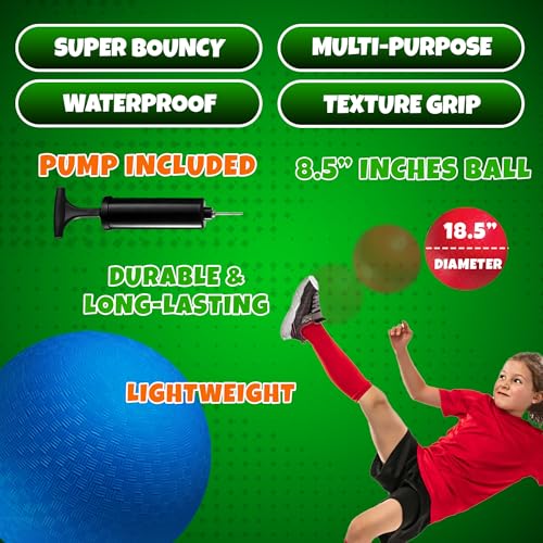 Red & Blue Kickball Set (8.5 Inch) - Includes Pump - Durable Rubber Playground Balls for Kids and Adults