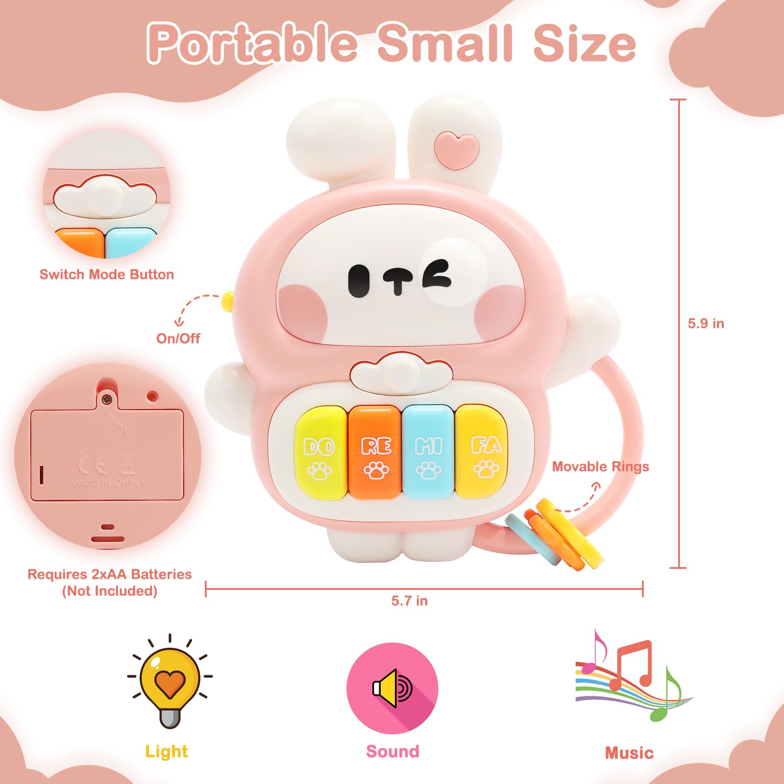 Redbeann Rabbit Piano Musical Toy for Babies 6-12 Months, Light-Up Bunny with 7 Modes, Over 70 Melodies, Portable Handle, Pink
