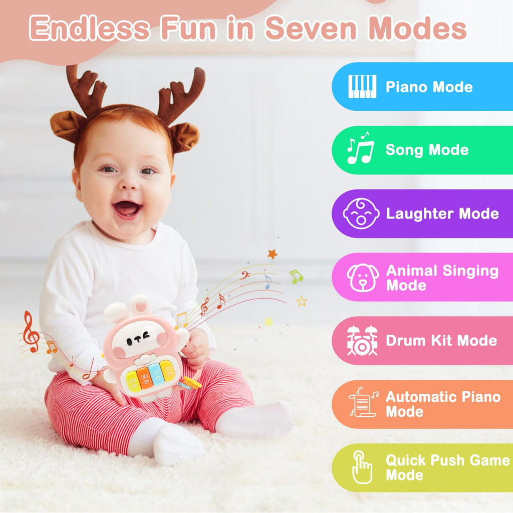 Redbeann Rabbit Piano Musical Toy for Babies 6-12 Months, Light-Up Bunny with 7 Modes, Over 70 Melodies, Portable Handle, Pink