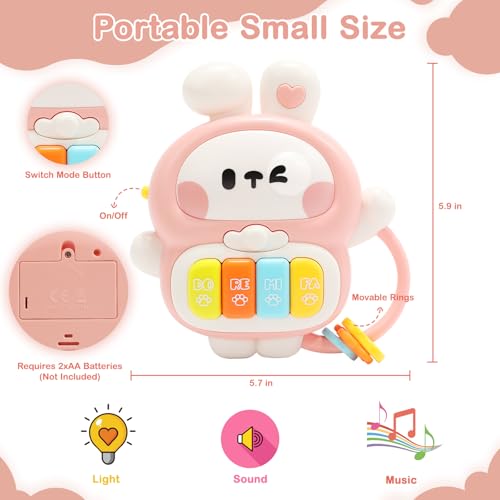 Redbeann Rabbit Piano Musical Toy for Babies 6-12 Months, Light-Up Bunny with 7 Modes, Over 70 Melodies, Portable Handle, Pink