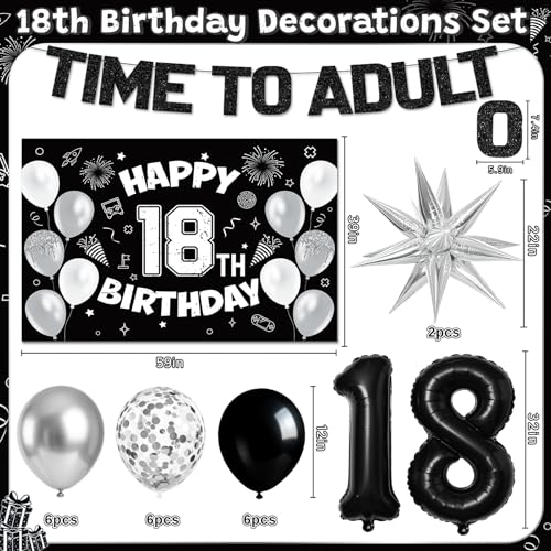 REDWORD 18th Birthday Decorations Kit - Black White Theme with Time To Adult Banner, Backdrop, Balloons, Cake Toppers for Boys Girls 18 Year Old Party