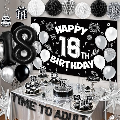 REDWORD 18th Birthday Decorations Kit - Black White Theme with Time To Adult Banner, Backdrop, Balloons, Cake Toppers for Boys Girls 18 Year Old Party