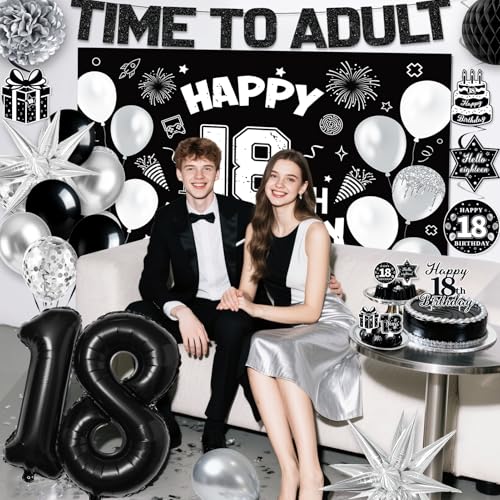REDWORD 18th Birthday Decorations Kit - Black White Theme with Time To Adult Banner, Backdrop, Balloons, Cake Toppers for Boys Girls 18 Year Old Party