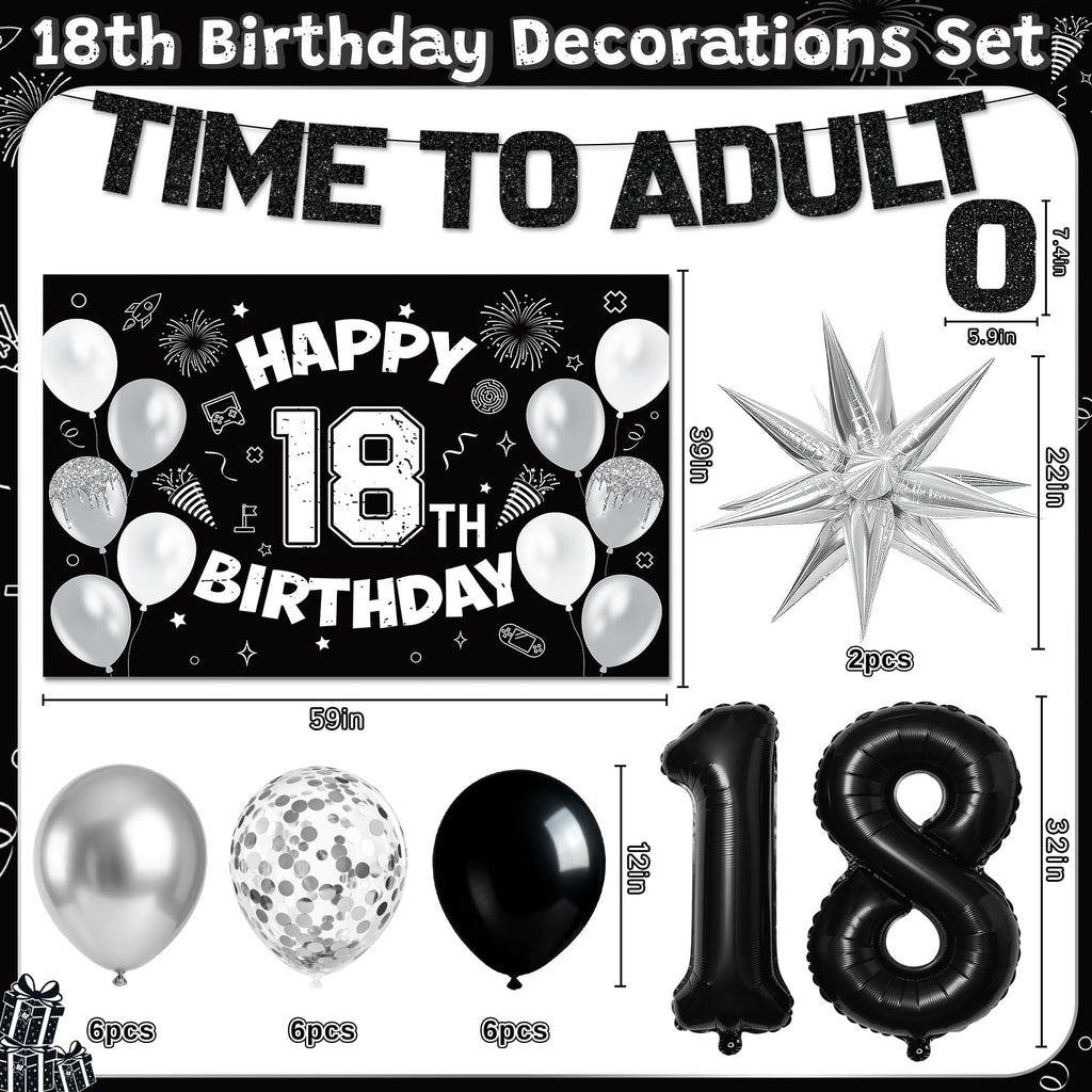 REDWORD 18th Birthday Decorations Kit - Black White Theme with Time To Adult Banner, Backdrop, Balloons, Cake Toppers for Boys Girls 18 Year Old Party