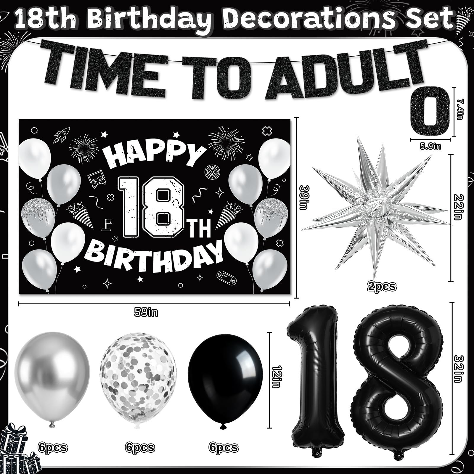 REDWORD 18th Birthday Decorations Kit - Black White Theme with Time To Adult Banner, Backdrop, Balloons, Cake Toppers for Boys Girls 18 Year Old Party