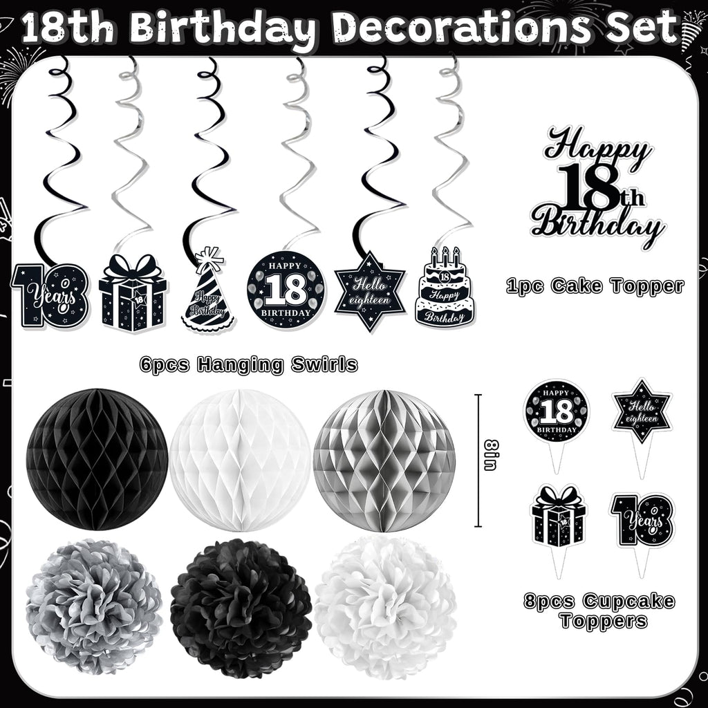 REDWORD 18th Birthday Decorations Kit - Black White Theme with Time To Adult Banner, Backdrop, Balloons, Cake Toppers for Boys Girls 18 Year Old Party