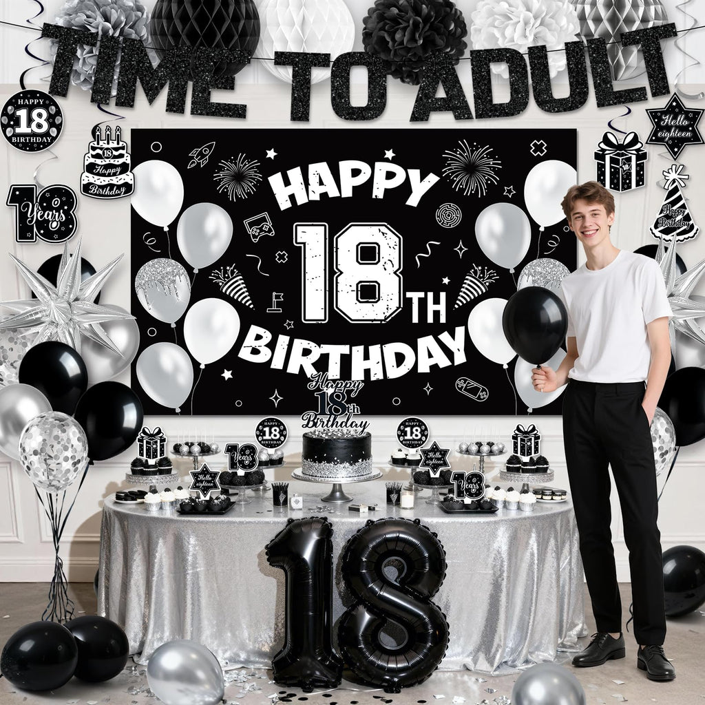 REDWORD 18th Birthday Decorations Kit - Black White Theme with Time To Adult Banner, Backdrop, Balloons, Cake Toppers for Boys Girls 18 Year Old Party