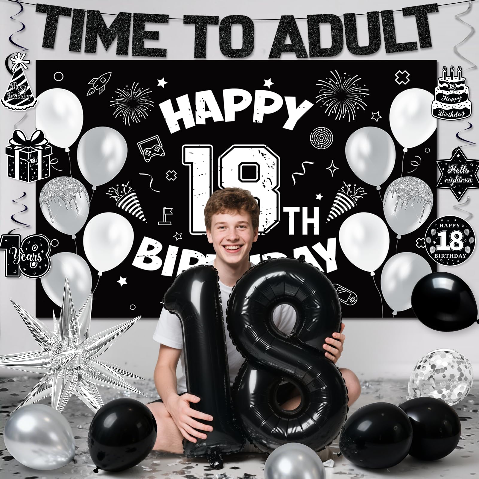 REDWORD 18th Birthday Decorations Kit - Black White Theme with Time To Adult Banner, Backdrop, Balloons, Cake Toppers for Boys Girls 18 Year Old Party