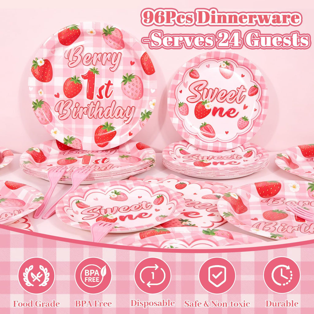 REDWORD Berry 1st Birthday Party Supplies – 96-Piece Strawberry Themed Set for 24 Guests