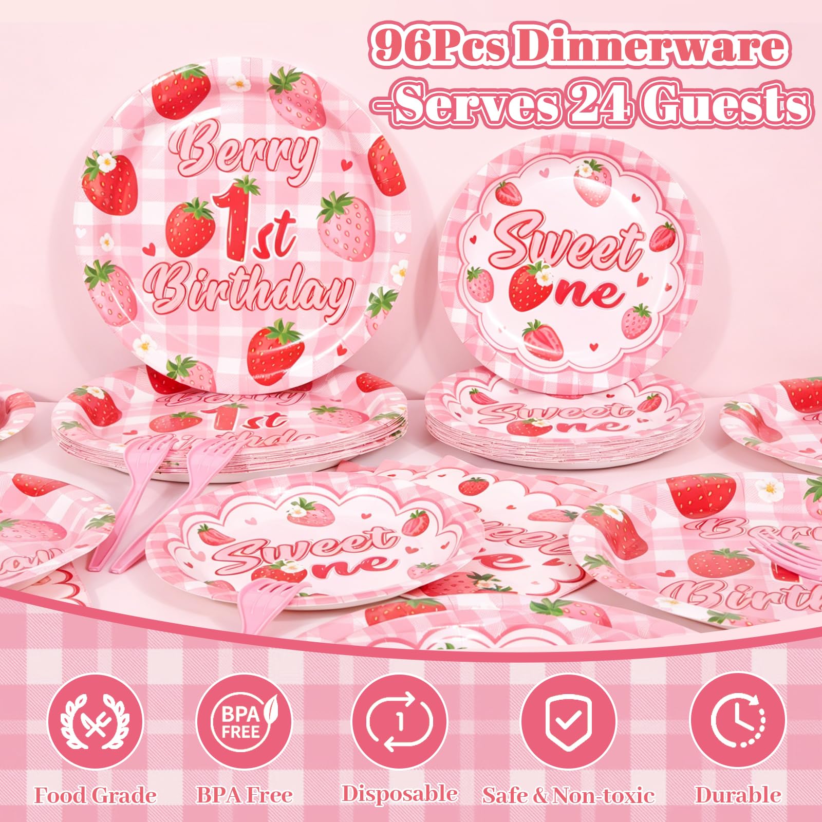 REDWORD Berry 1st Birthday Party Supplies – 96-Piece Strawberry Themed Set for 24 Guests