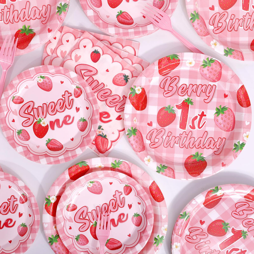 REDWORD Berry 1st Birthday Party Supplies – 96-Piece Strawberry Themed Set for 24 Guests