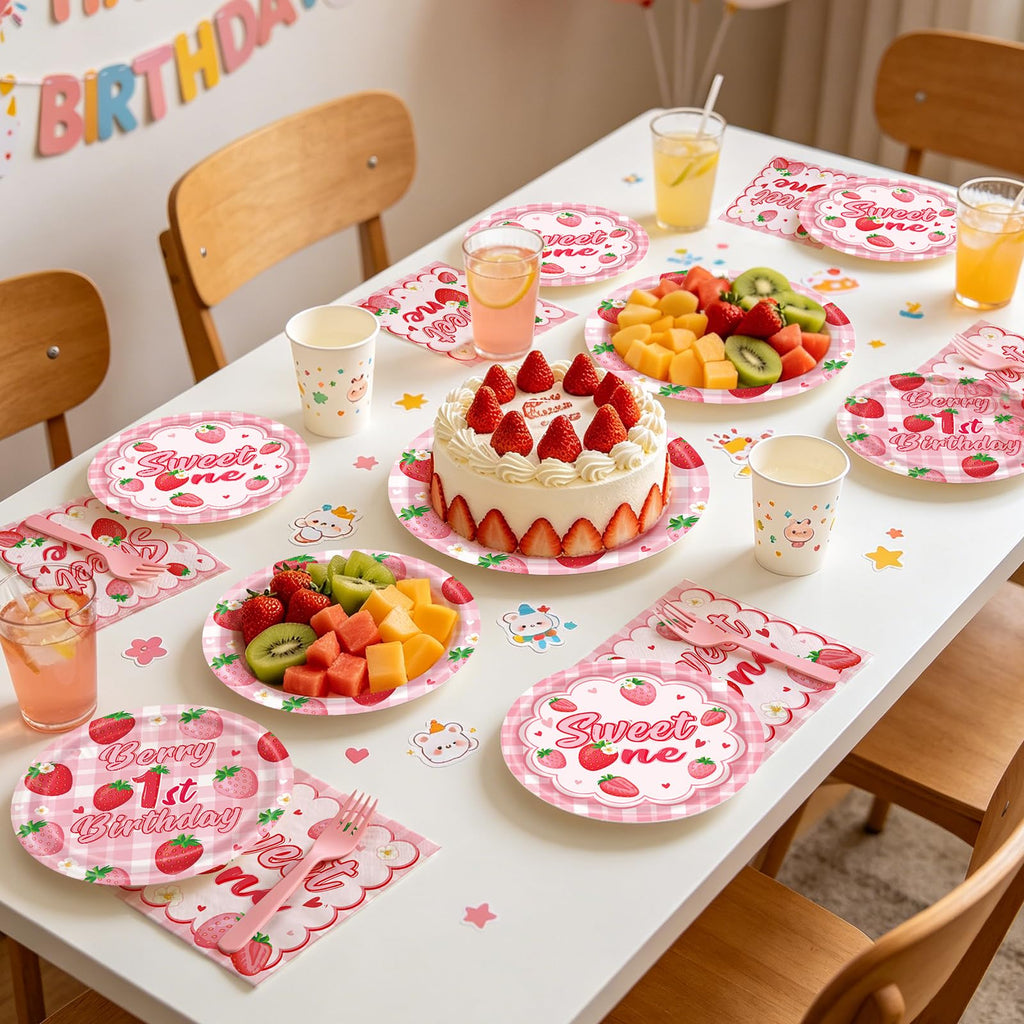 REDWORD Berry 1st Birthday Party Supplies – 96-Piece Strawberry Themed Set for 24 Guests