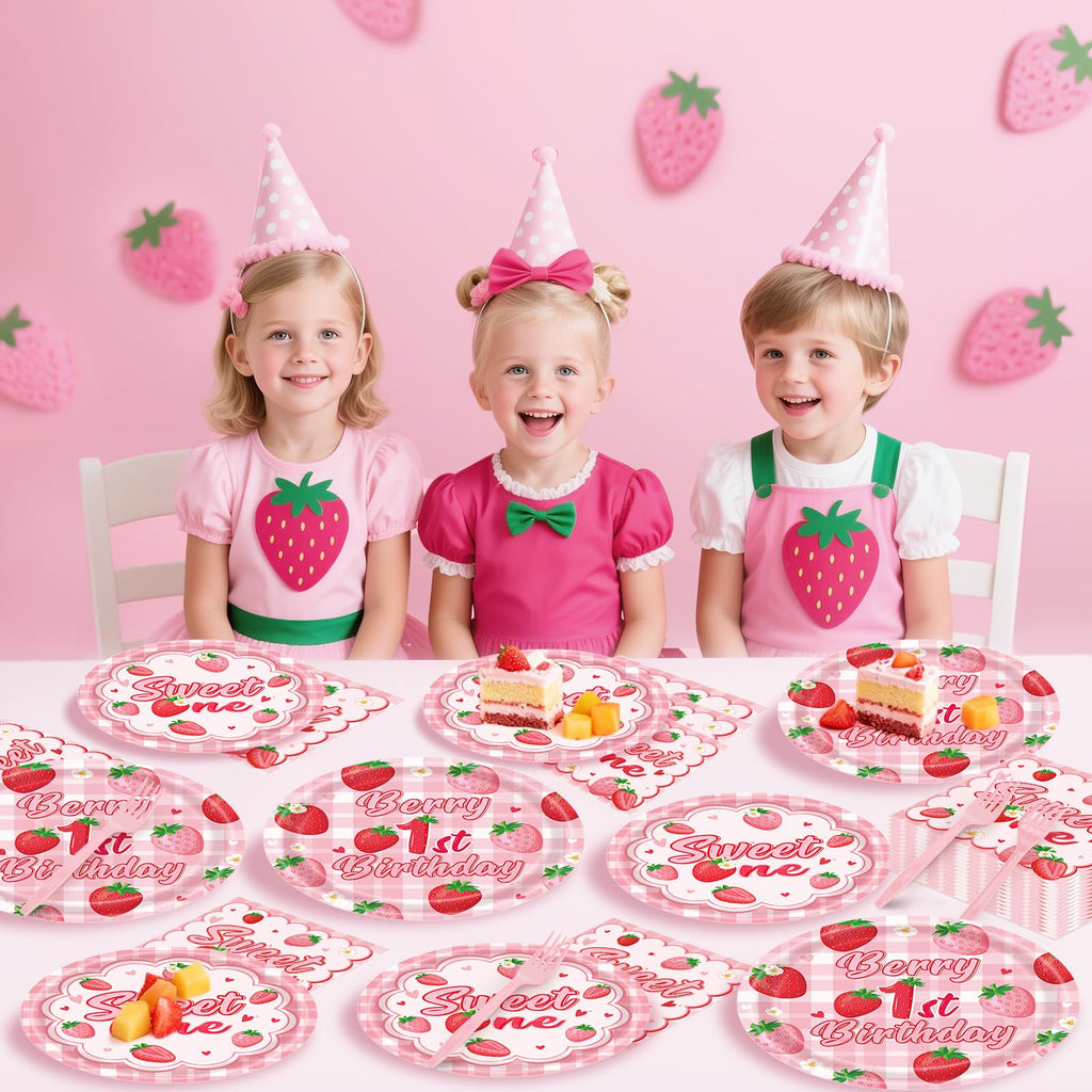 REDWORD Berry 1st Birthday Party Supplies – 96-Piece Strawberry Themed Set for 24 Guests