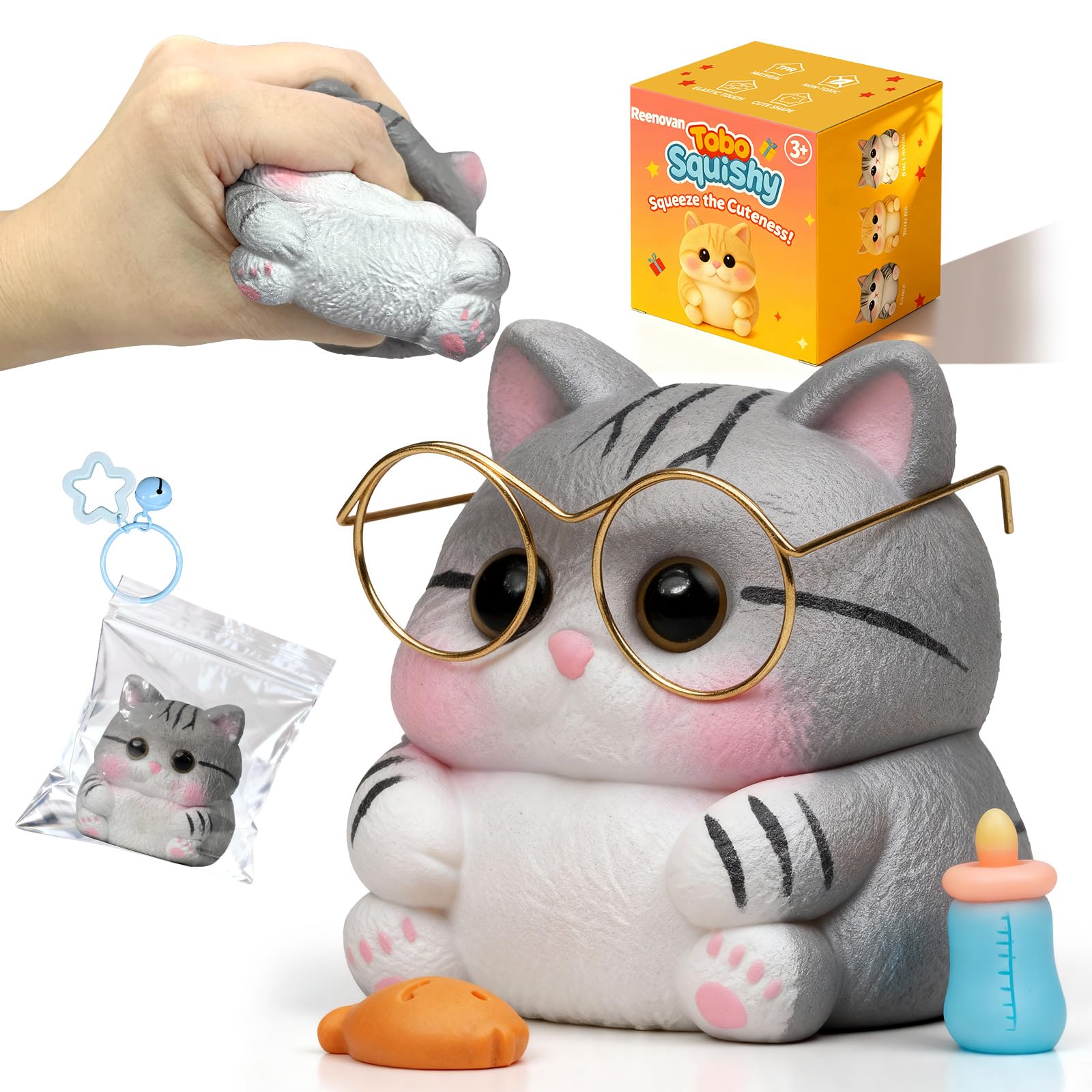 Reenovan Cat Squishy Toy – Soft TPR Stress Relief Sensory Fidget Toy with Removable Accessories, Cute Kawaii Desk Decoration for Kids and Adults