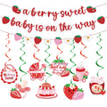 Refavor Strawberry Baby Shower Decorations - 11 Pieces Including Banners and Ceiling Hanging Swirls