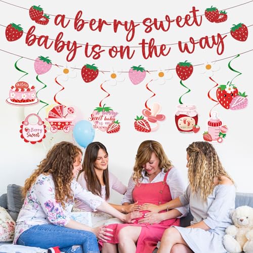 Refavor Strawberry Baby Shower Decorations - 11 Pieces Including Banners and Ceiling Hanging Swirls