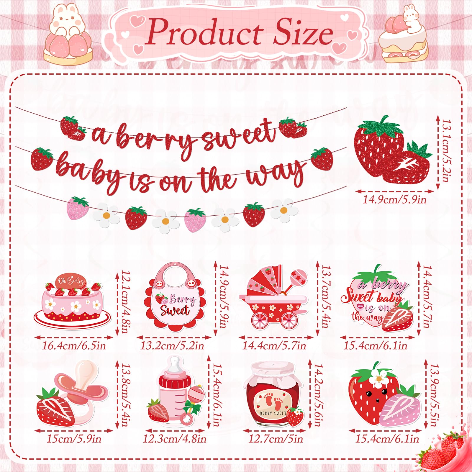 Refavor Strawberry Baby Shower Decorations - 11 Pieces Including Banners and Ceiling Hanging Swirls