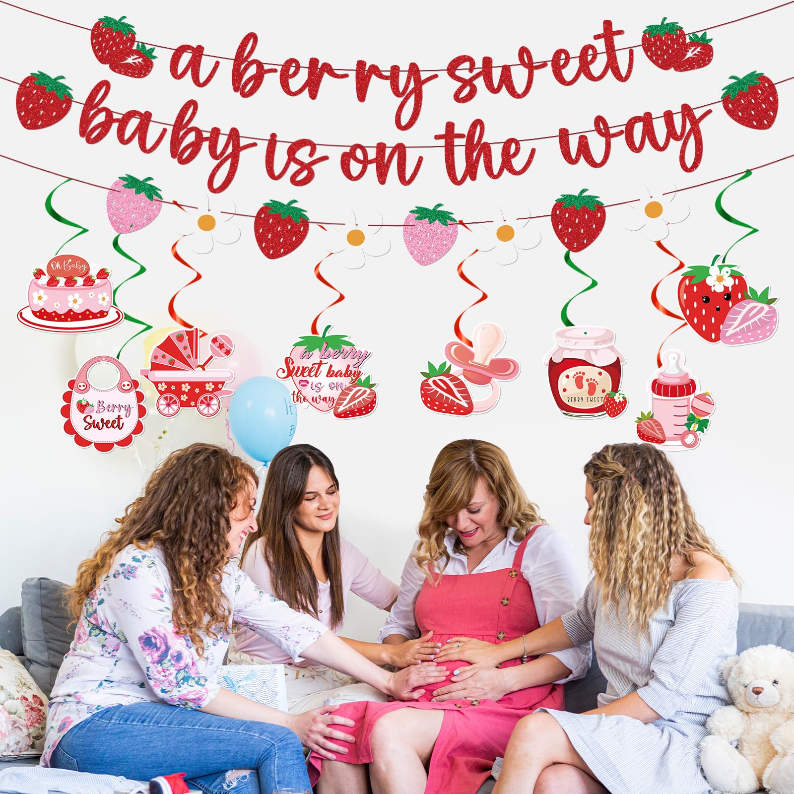 Refavor Strawberry Baby Shower Decorations - 11 Pieces Including Banners and Ceiling Hanging Swirls